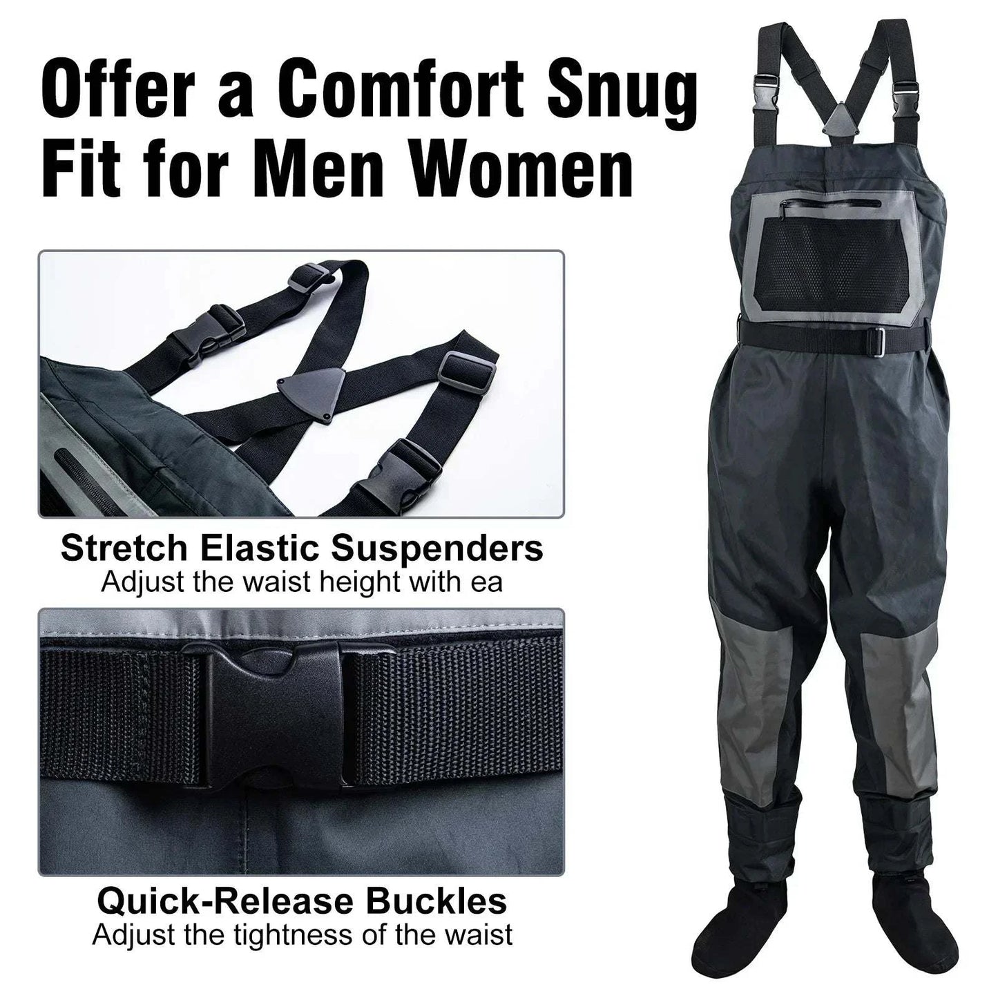 Men's waterproof fishing waders with stretch elastic suspenders and quick-release buckles for comfort fit.