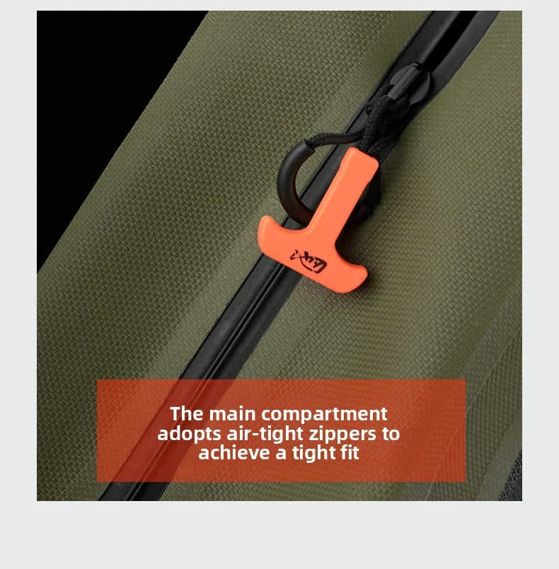 Close-up of a green bag with a black zipper and orange tag, featuring text about air-tight zippers.