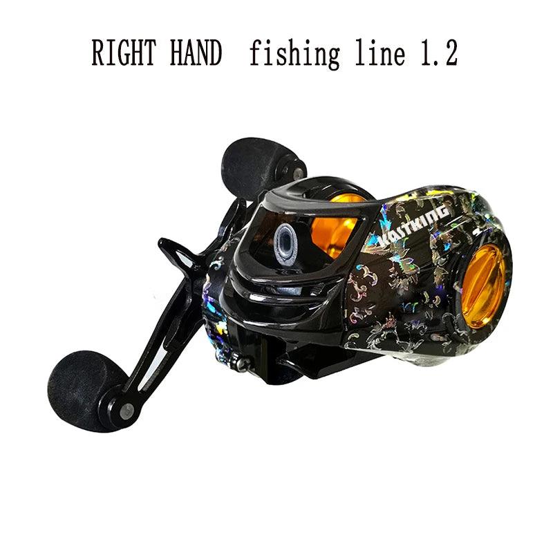 KastKing baitcast fishing reel with colorful design, right-hand operation.