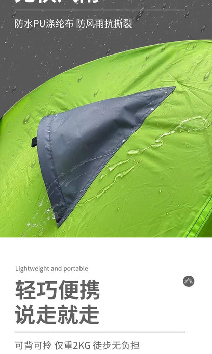 Green tent with a gray flap, showing waterproof material, on a white background.