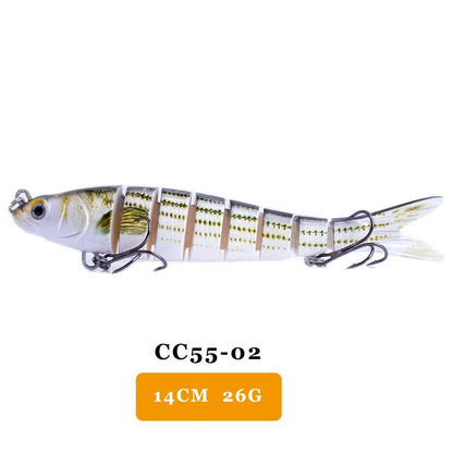 AYWFISH Multi Jointed Swimbait 14cm 26g fishing lure with lifelike design and treble hooks for freshwater and saltwater fishing.