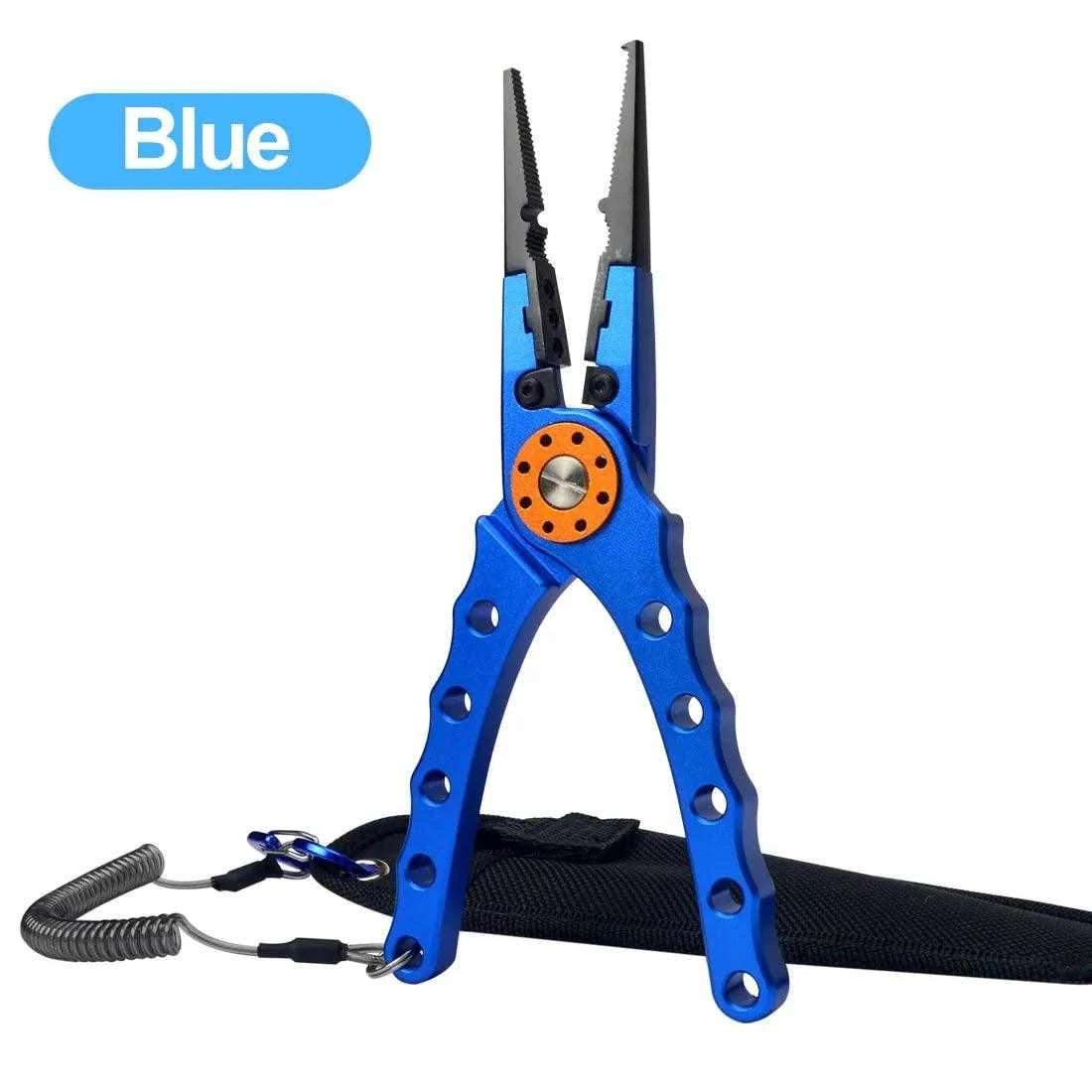 Blue multifunctional fishing pliers with cord and sheath, ideal for anglers.