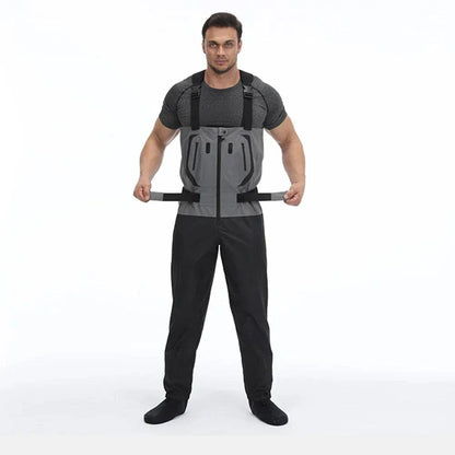 Breathable waterproof fishing waders with adjustable straps and durable design.