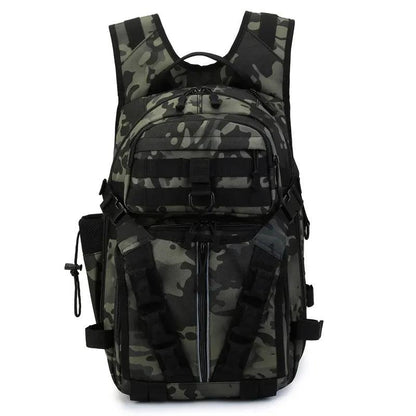 Camouflage Rilibegan Fishing Backpack with durable canvas, multi-layered storage, and tactical design for outdoor adventures.