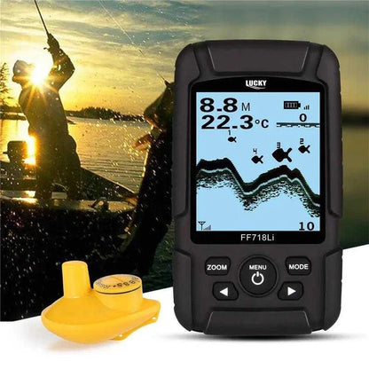 Wireless fishfinder Lucky FF718Li with sonar display showing depth and fish icons, suitable for all-weather conditions and extensive range.