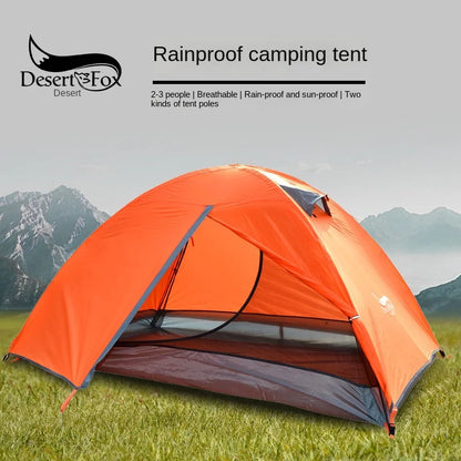 Orange rainproof camping tent with mountains in the background, featuring Desert Fox branding.