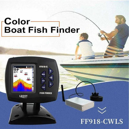 Lucky FF918-CWLS boat fish finder displaying sonar data, highlighting product features and real-time underwater exploration capabilities.