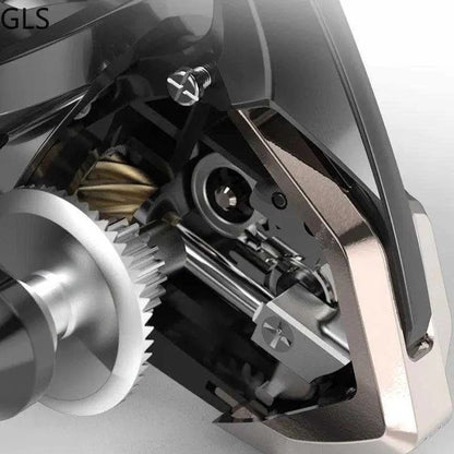 Close-up view of the GLS FC-354 spinning reel showcasing durable metal bearings and internal gear mechanism.