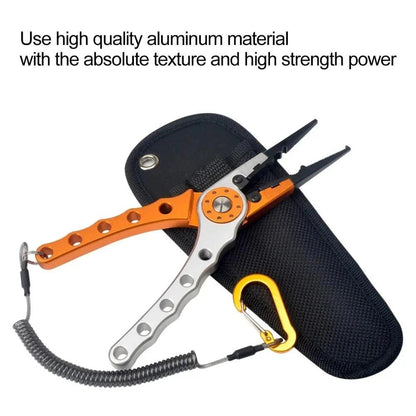 Multifunctional fishing pliers with stainless steel build and ABS grips, featuring precision line cutters, secure hook removal, and anti-slip design. Ideal for anglers.