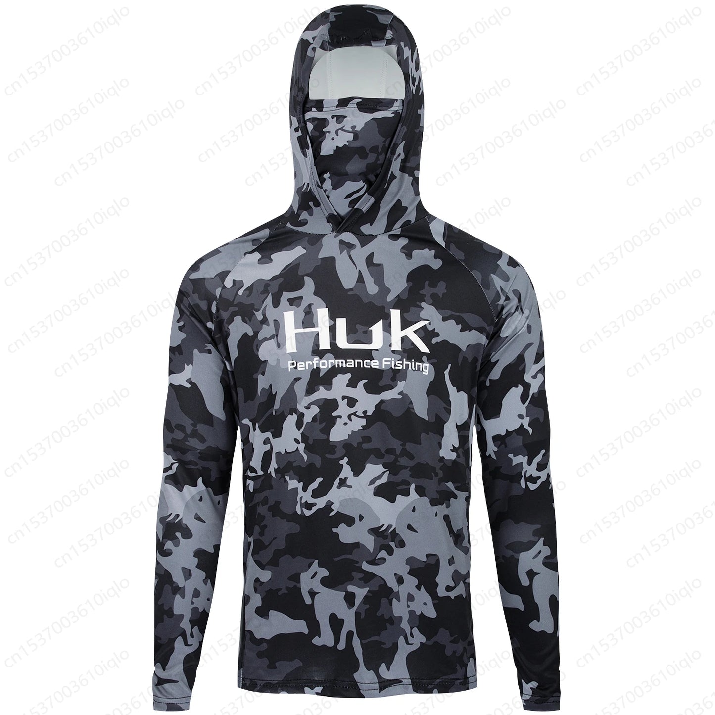 HUK Camouflage Long Sleeve Hooded Fishing Shirt with Mask: UPF 50+ UV Protection for Men