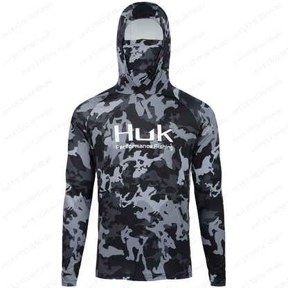 HUK Camouflage Long Sleeve Hooded Fishing Shirt with Mask: UPF 50+ UV Protection for Men