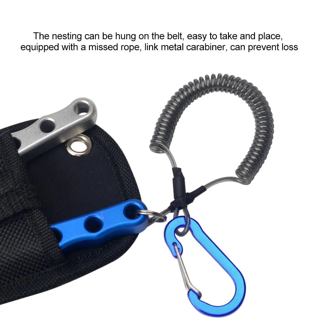 Multifunctional fishing pliers with blue carabiner and coiled rope attached to a belt.