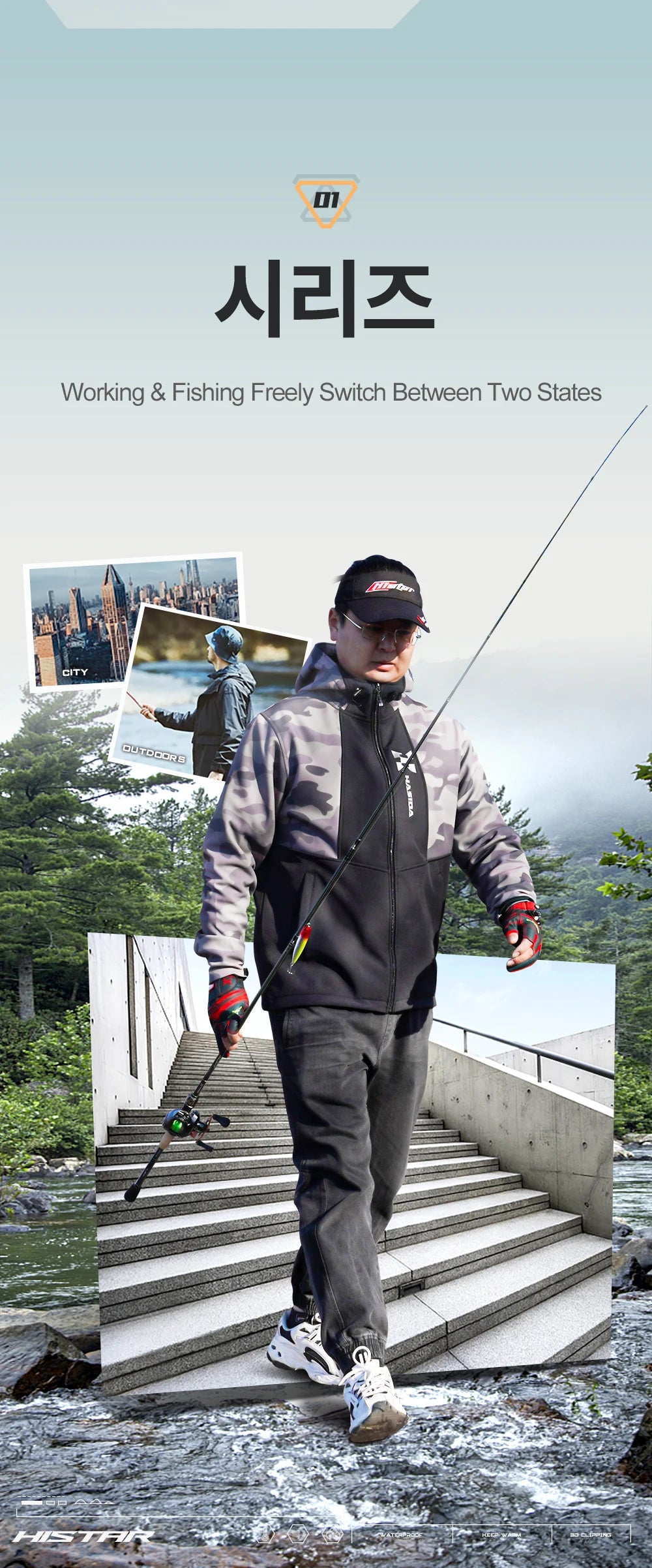 Person in outdoor gear walking on a bridge with fishing rod, surrounded by nature and lifestyle images.