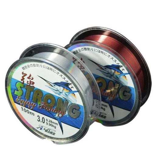 LAIMALA Leader Main Line 100m fishing line spools in clear and red, featuring strong Japanese fluorocarbon construction for enhanced durability and sensitivity.