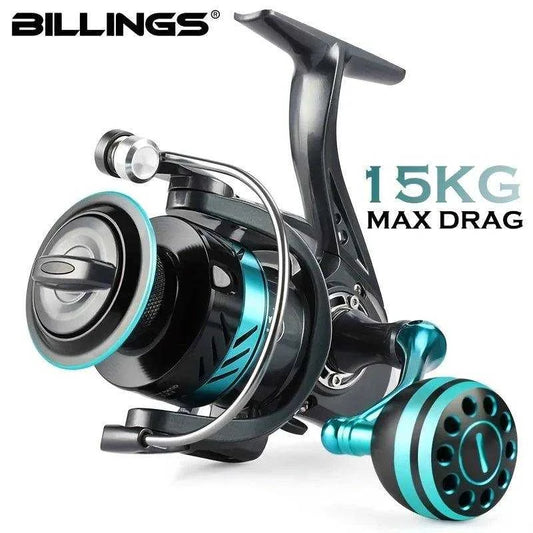 BILLINGS DK Series spinning reel with 15kg max drag, sleek design, ideal for saltwater and freshwater fishing.