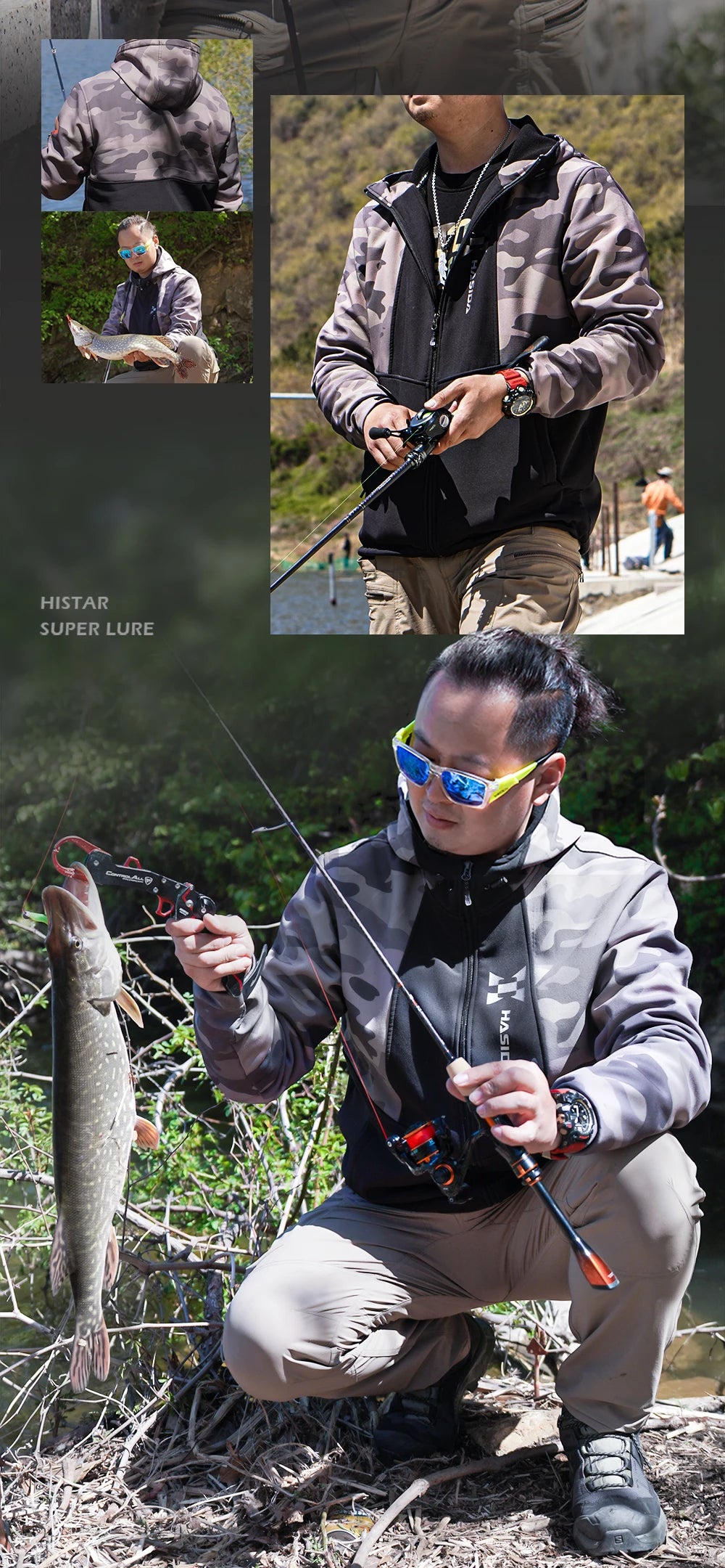 Person holding a fish and fishing rod with close-ups of clothing and lure.