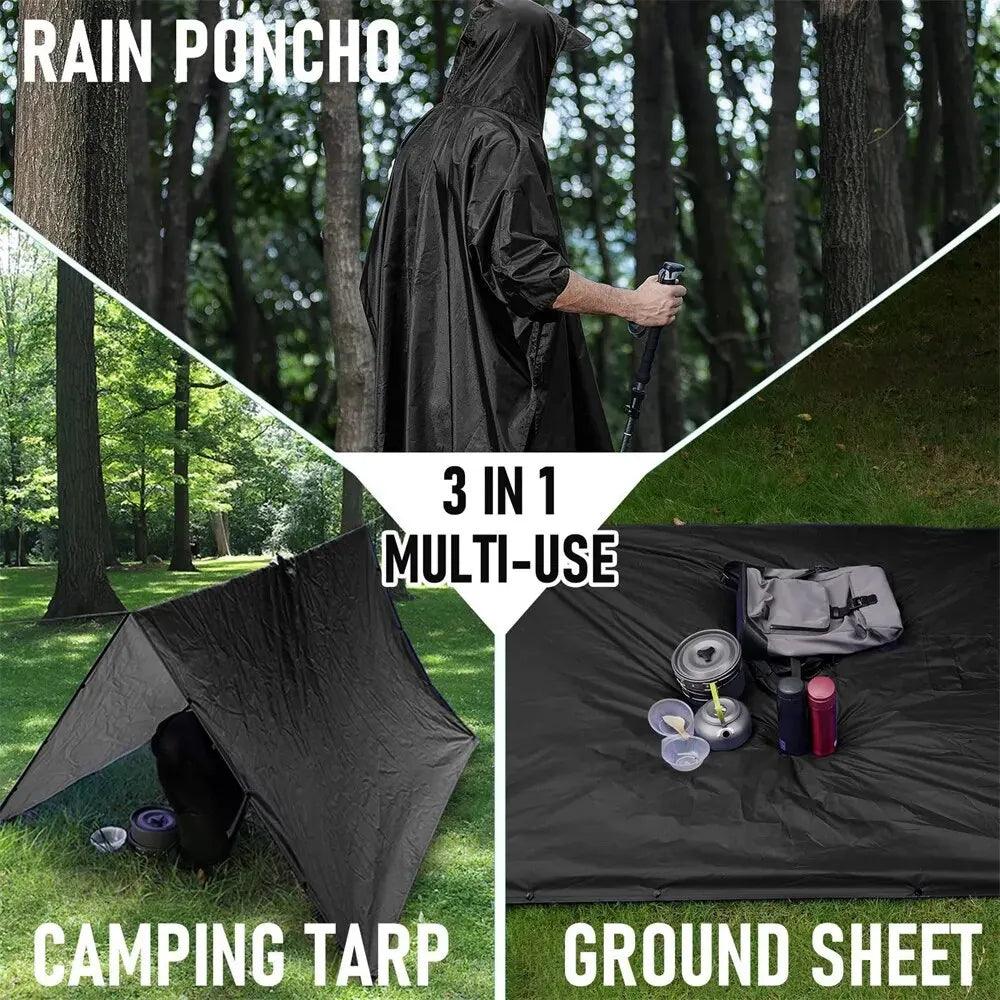 3 In 1 Outdoor Military Raincoat Hooded Sleeve Waterproof Rain Poncho Motorcycle Rain Cover Camping Hiking Travel Rainwear Tent - Nex Fisher Hub