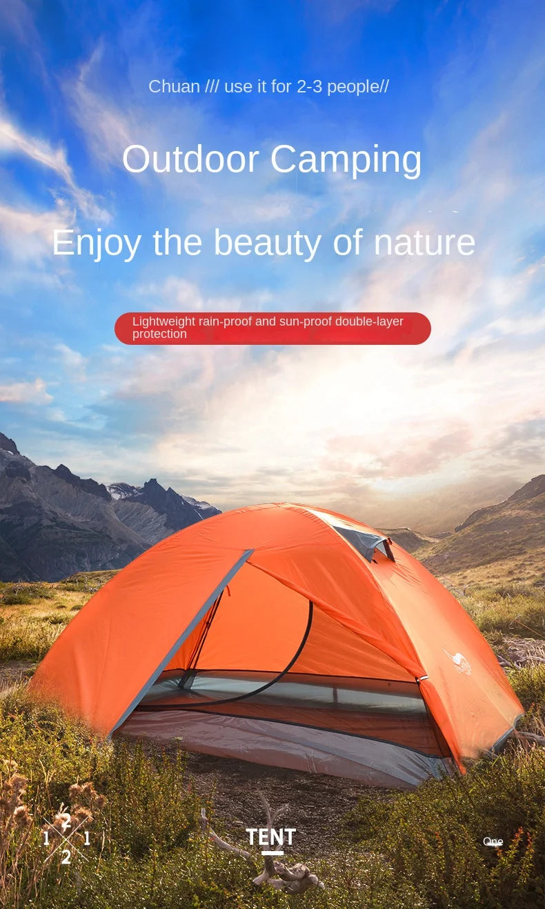 Orange tent pitched in a mountainous landscape with text about outdoor camping and tent features.