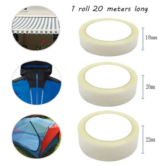 Waterproof seam tape in various sizes for durable fabric repairs, shown with applications on clothing and tents.