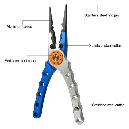 Multifunctional fishing pliers with stainless steel cutters and ring jaw.