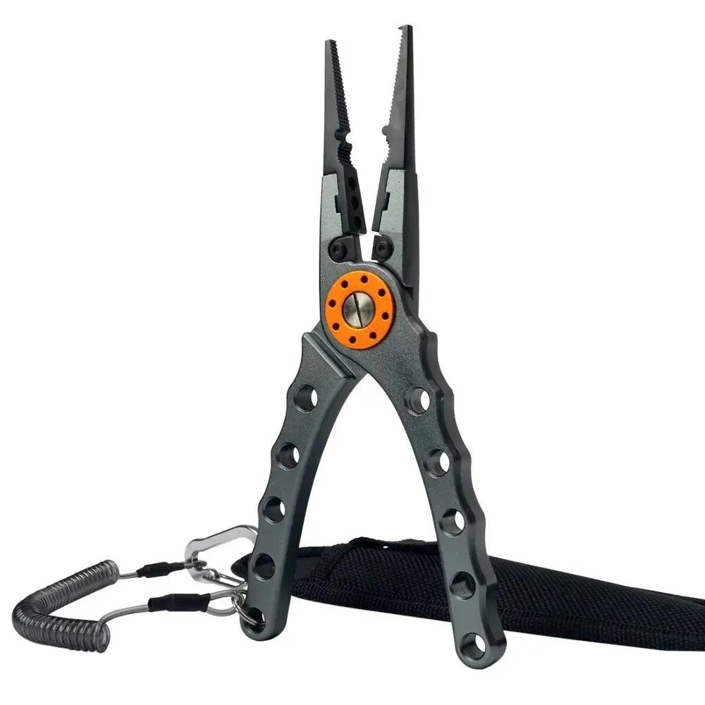 Multifunctional fishing pliers with stainless steel build and cord attachment.