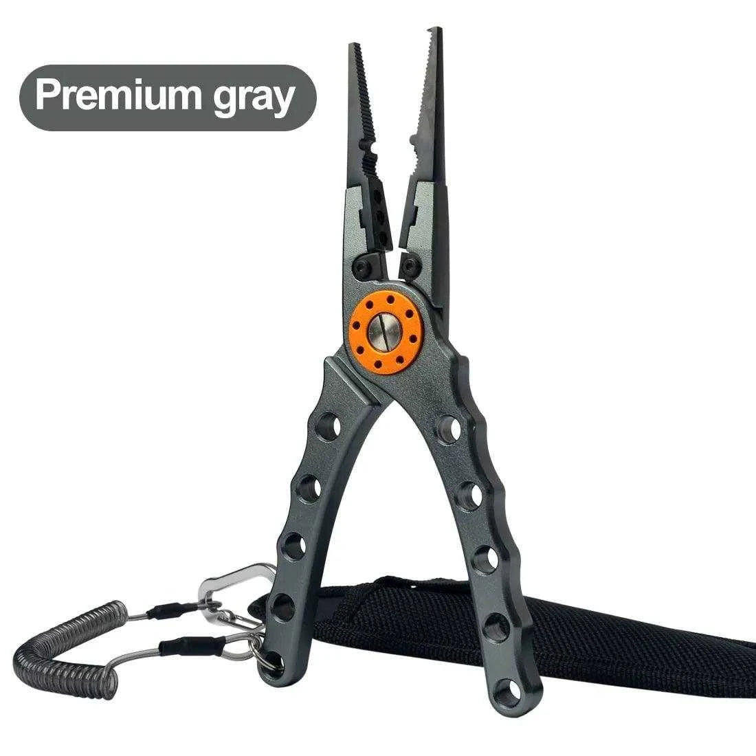 Premium gray multifunctional fishing pliers with orange accents, featuring a coiled lanyard and sheath for savvy anglers.