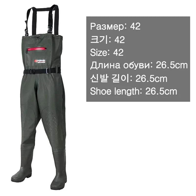 NFH waterproof fishing waders with boots, durable PVC, size 42, adjustable straps.