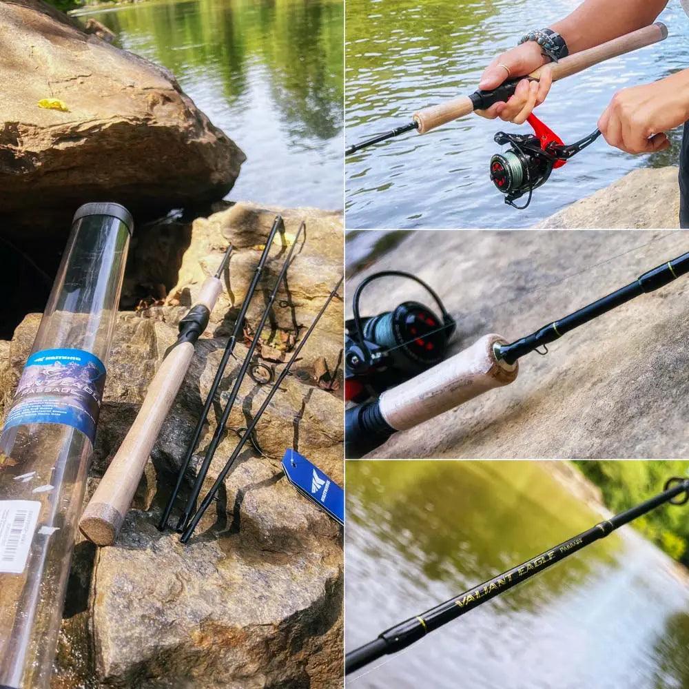 KastKing Valiant Eagle Passage Rod shown with components and in use by the water.