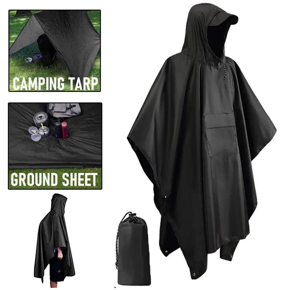 3 In 1 Outdoor Military Raincoat Hooded Sleeve Waterproof Rain Poncho Motorcycle Rain Cover Camping Hiking Travel Rainwear Tent - Nex Fisher Hub