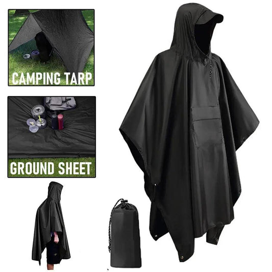 3-in-1 Outdoor Waterproof Fishing Raincoat Hooded, black, versatile design for rain protection, emergency shelter, and sleeping bag use.