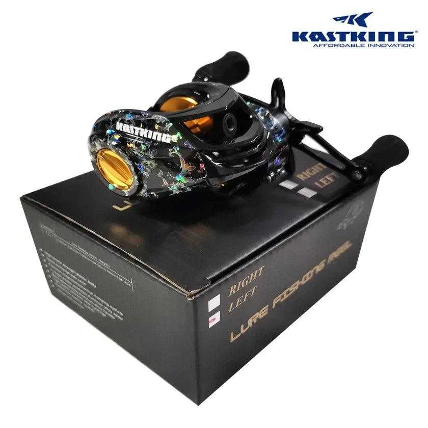 KastKing baitcast fishing reel with alloy body and 7.2:1 gear ratio on box.