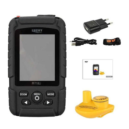 Lucky FF718Li Wireless Fish Finder with accessories, 180m range, black design with charger and wireless sensor.