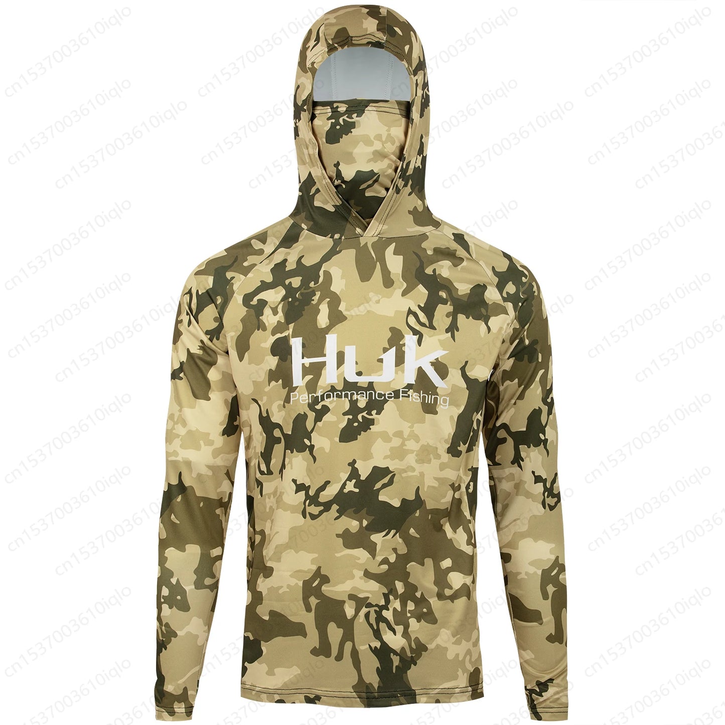 HUK Camouflage Long Sleeve Hooded Fishing Shirt with Mask: UPF 50+ UV Protection for Men