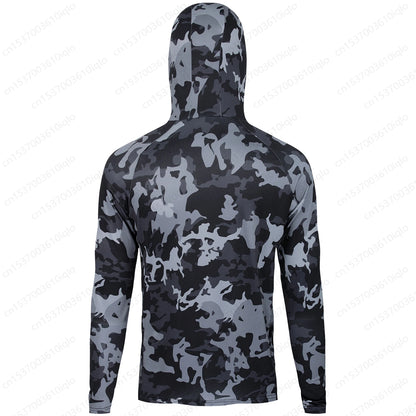 HUK Camouflage Long Sleeve Hooded Fishing Shirt with Mask: UPF 50+ UV Protection for Men