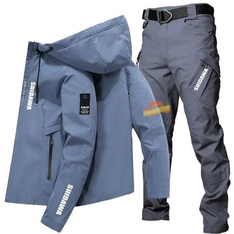 Mens fishing clothes suit with sun protection jacket and tactical pants, waterproof and high quality for outdoor sports in spring and summer.