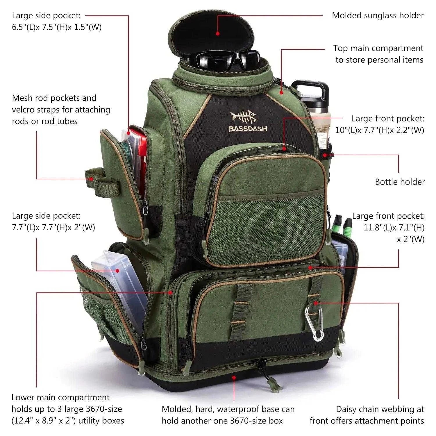 Bassdash Waterproof 3600 Tackle Backpack With Rod Holder Tactical Bag For Fishing Hiking Camping, Khaki Without Trays