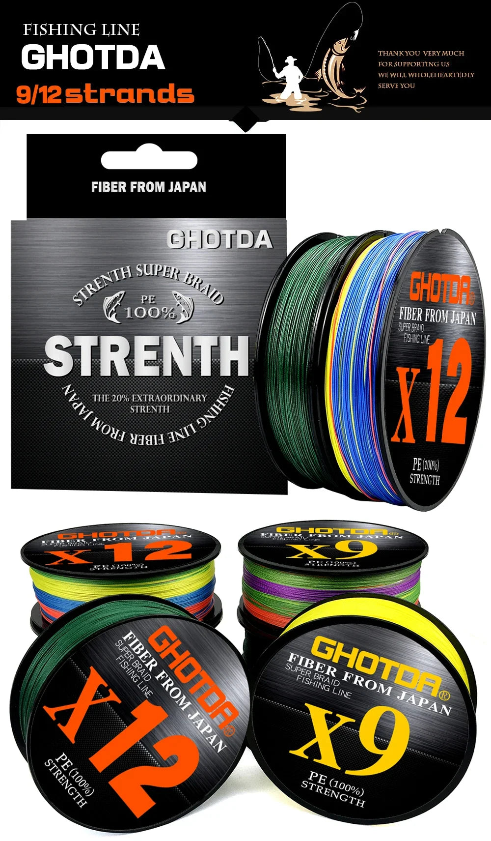 GHOTDA 8/9/12 Strands PE Braided Wire Multifilament Japan Import Fabric  PE Line for Carp Fishing 0.6-8.0# 100M Fishing Line - Nex Fisher Hub