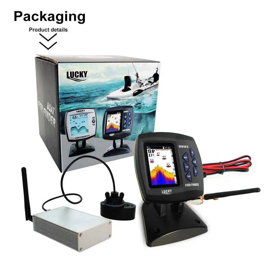 Lucky FF918-CWLS - Powerful boat fish finder with package, accessories, and display.