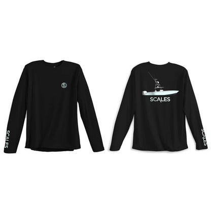 Black long-sleeve t-shirt shown from both front and back views against a plain white background. The front features a small circular logo on the left chest and 'SCALES' printed down the left sleeve.
