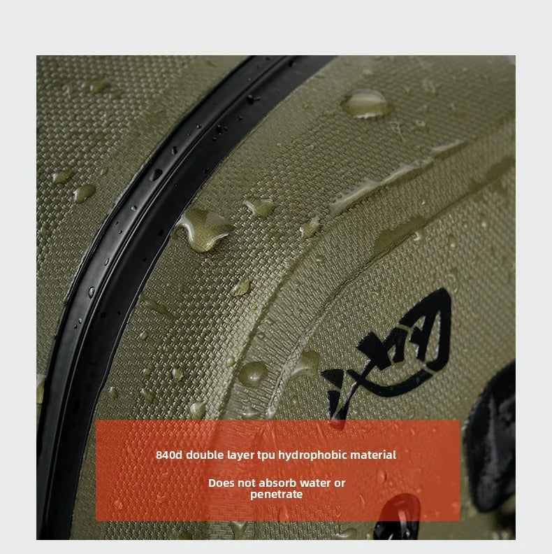 Close-up of a textured surface with water droplets and a brand logo, featuring hydrophobic material text.