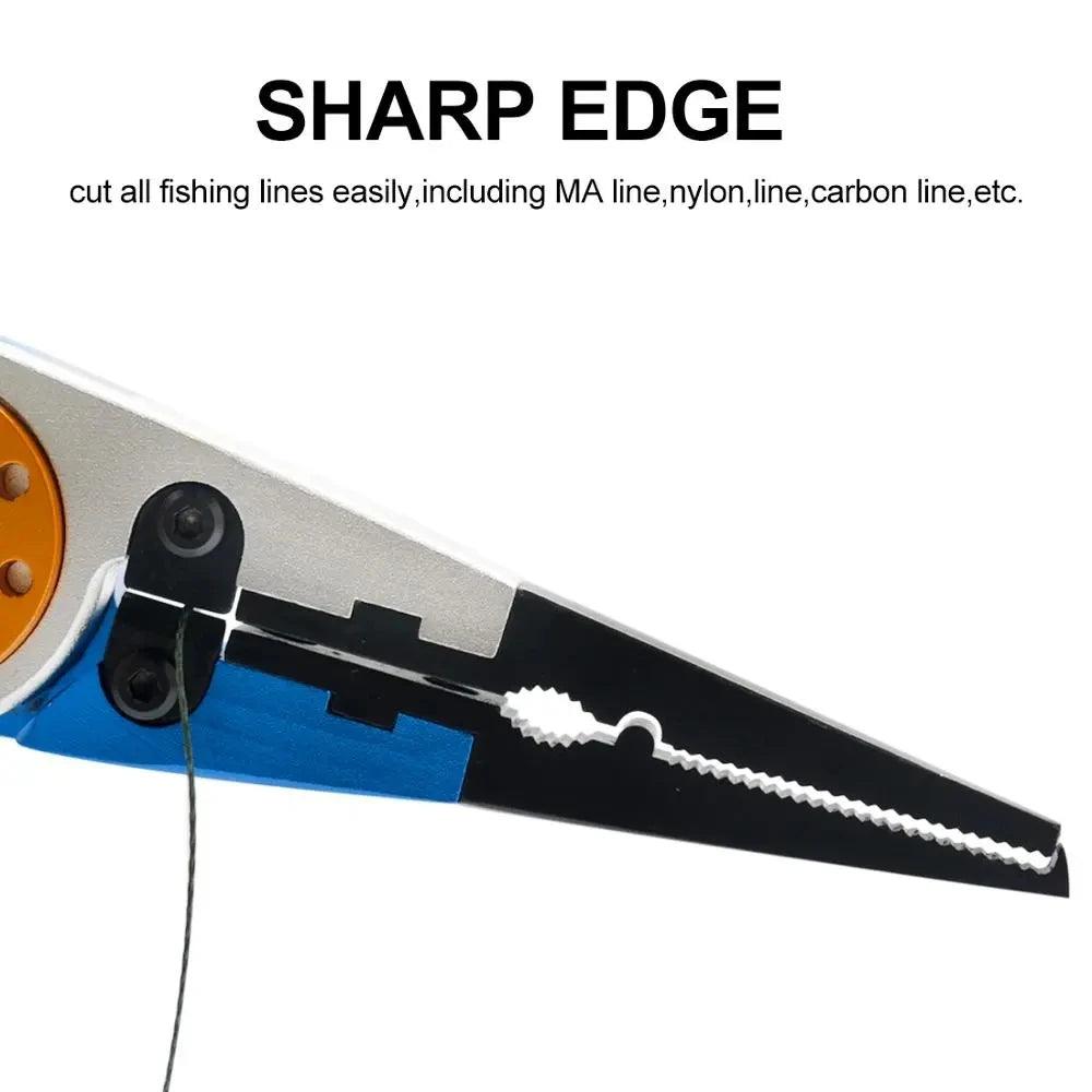 Sharp-edged multifunctional fishing pliers for cutting fishing lines effortlessly.