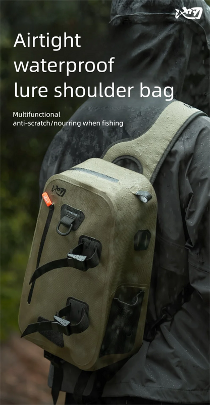 Airtight waterproof lure shoulder bag with text on a dark background
