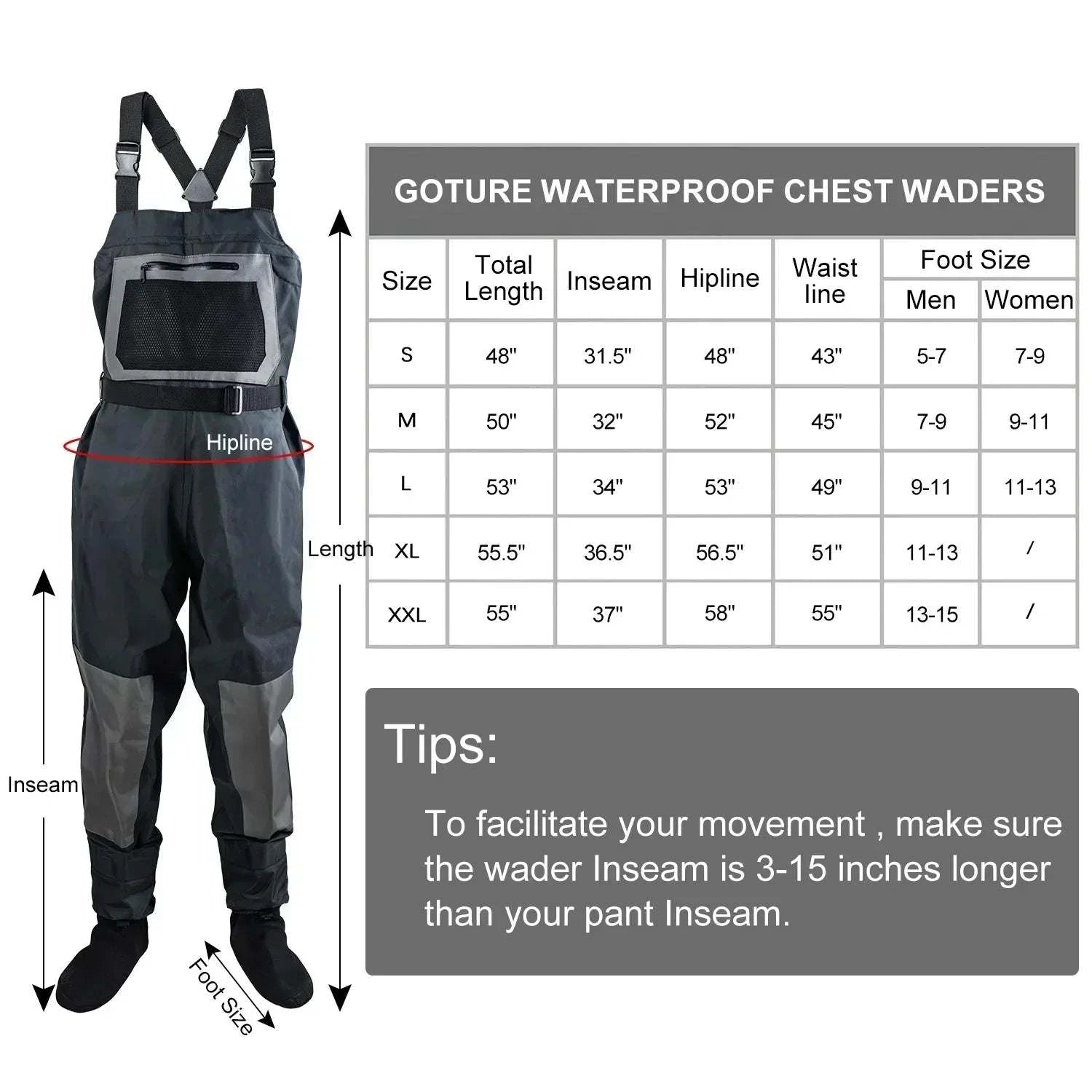 Goture men's waterproof chest waders with size chart for fishing.