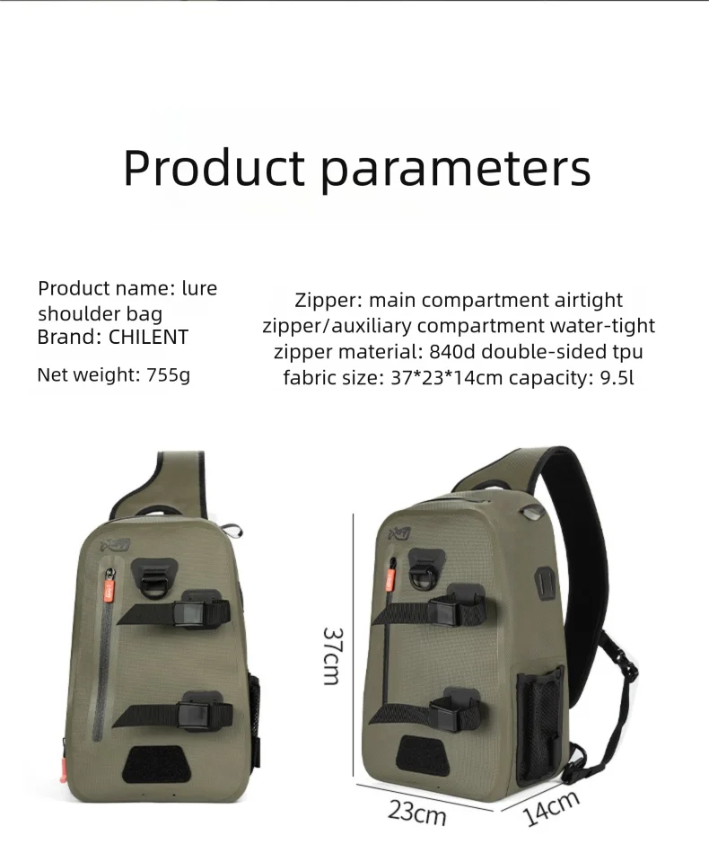Green shoulder bag with product parameters on a white background