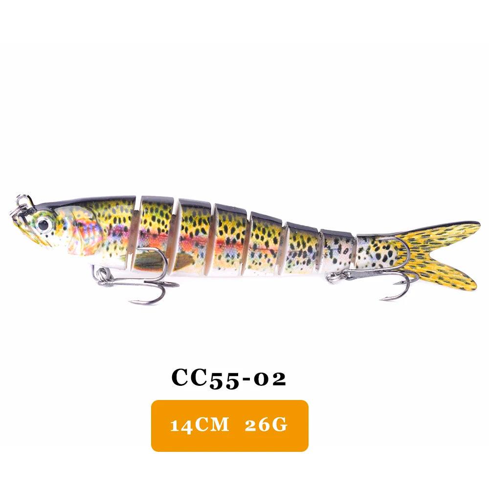 AYWFISH Multi Jointed Swimbait CC55-02, 14cm, 26g, lifelike fishing lure with vivid colors and treble hooks.