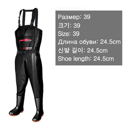 Fishing waders with boots, black, size 39, waterproof and breathable design.