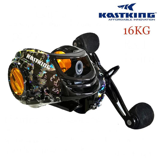 KastKing baitcast fishing reel, 13+1 bearings, 7.2:1 gear ratio, alloy body, carbon fiber side covers.