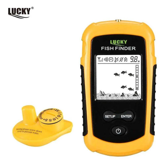 Lucky FFW1108-1 fish finder with 2-inch LCD display, dual sonar modes, and wireless sensor.