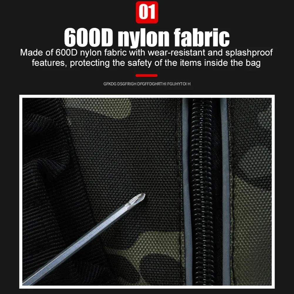 600D nylon fabric detail of Rilibegan Fishing Backpack highlighting durability and water resistance.