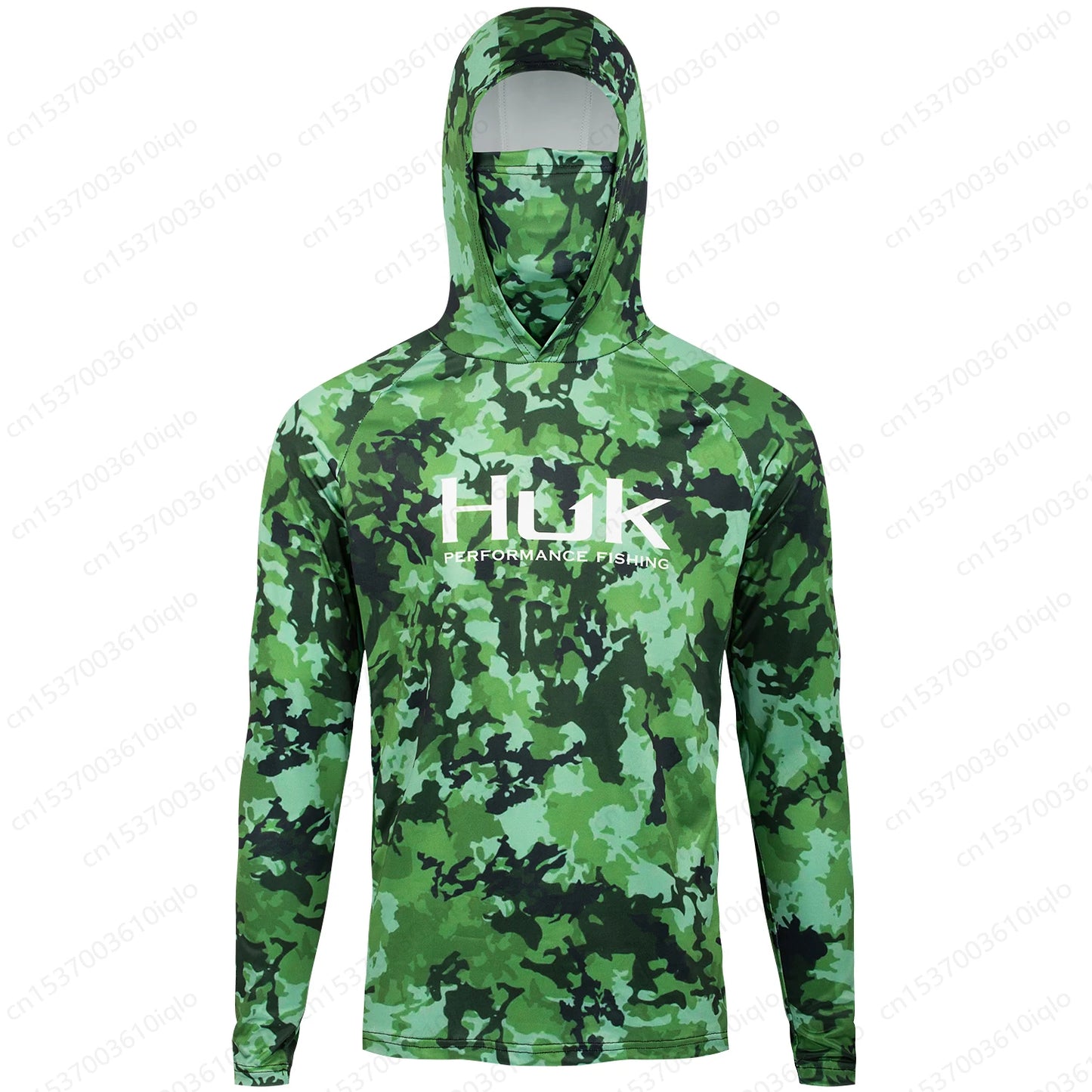HUK Camouflage Long Sleeve Hooded Fishing Shirt with Mask: UPF 50+ UV Protection for Men
